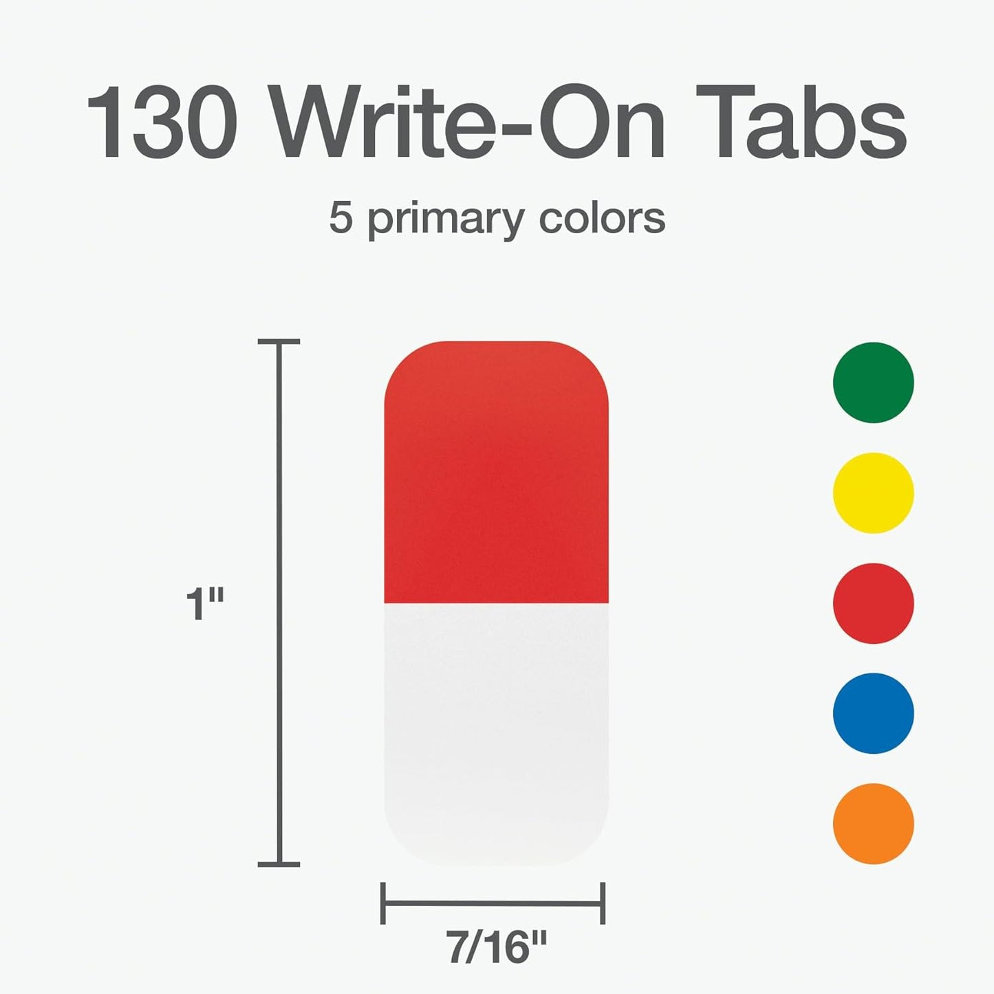 Redi-Tag Write-On Tabs, Permanent Adhesive Index Tabs, Assorted Primary Colors: Yellow, Orange, Red, Blue and Green, 1" x 7/16", 130 Pack (1009302)