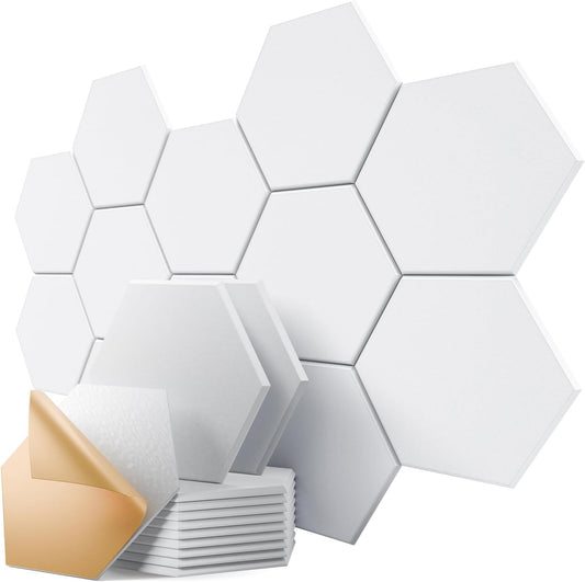 12 Pack Self-Adhesive Acoustic Panels 12" X 10" X 0.4" - Sound Proof Foam Panels for Walls, Stylish Hexagonal Design, Flame Resistant, Absorb Noise and Eliminate Echoes(Pure White)