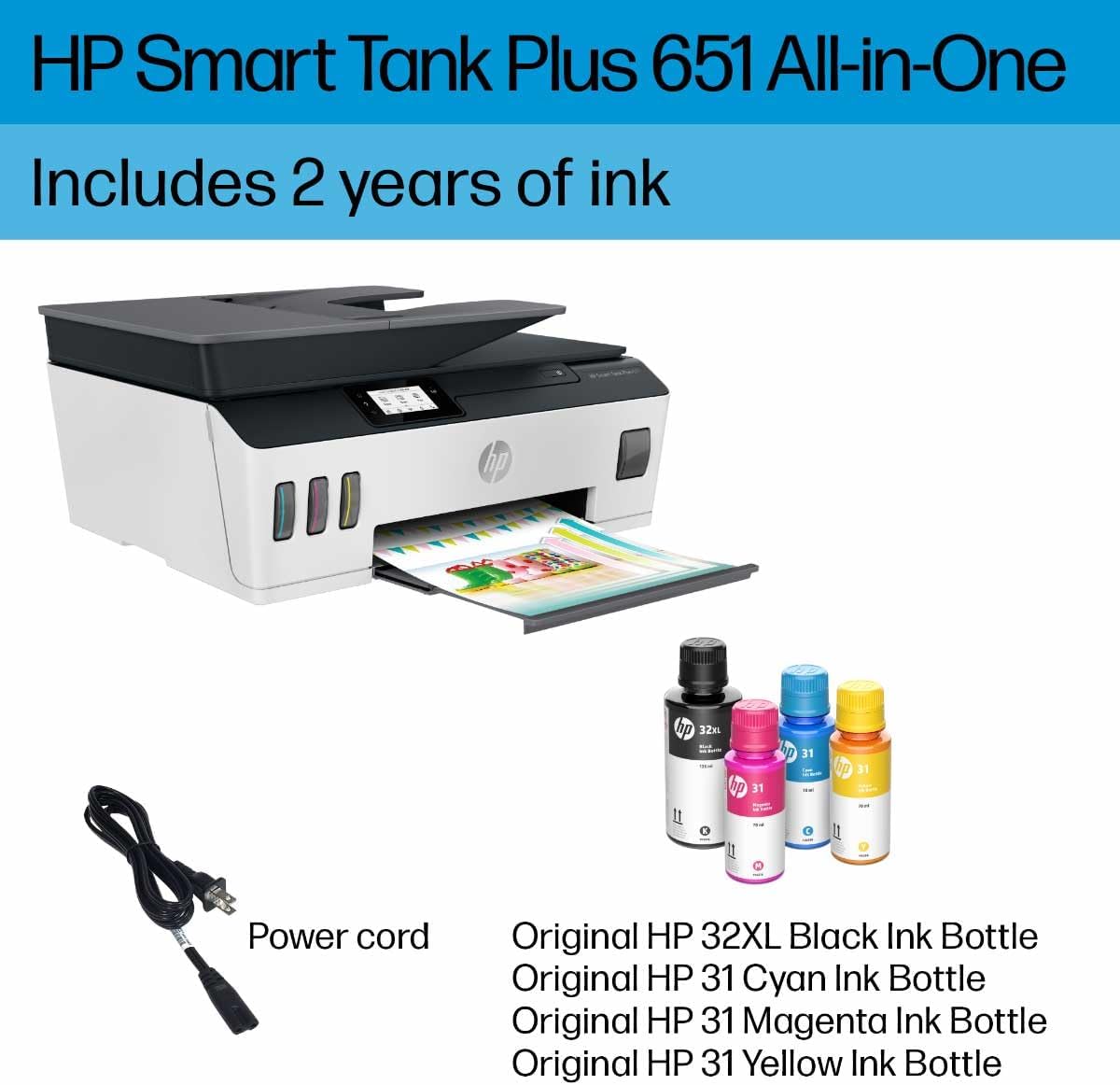 HP Smart -Tank Plus 651 Wireless All-in-One Ink -Tank Printer, up to 2 Years of Ink in Bottles, Auto Document Feeder, Mobile Print, Scan, Copy,, Fax, Works with Alexa (7XV38A)
