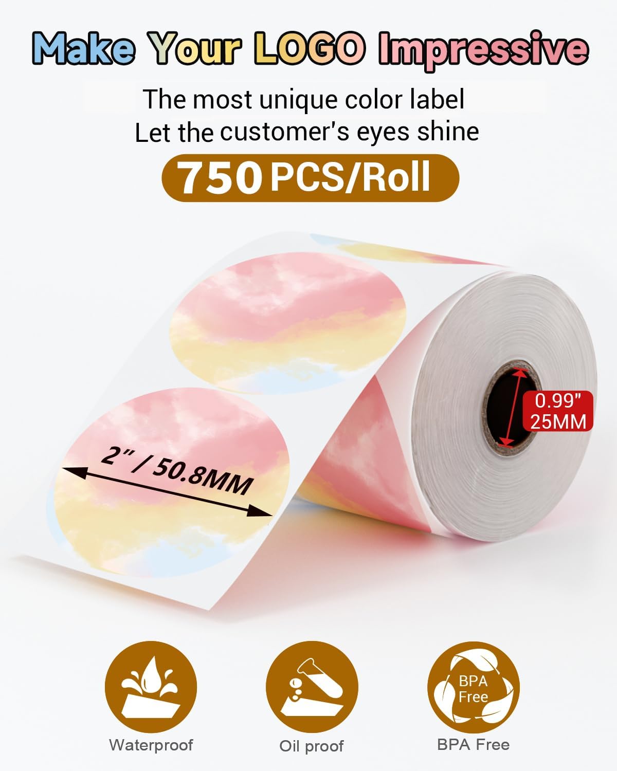 750 Pcs Phomemo 2" Color Round Thermal Label, Self-Adhesive Round Sticker Labels, Circular Direct Thermal Printer Circle Label for Logo Design, Name/Price Tag, Thanks Card, QR Code, 750 Labels/Roll