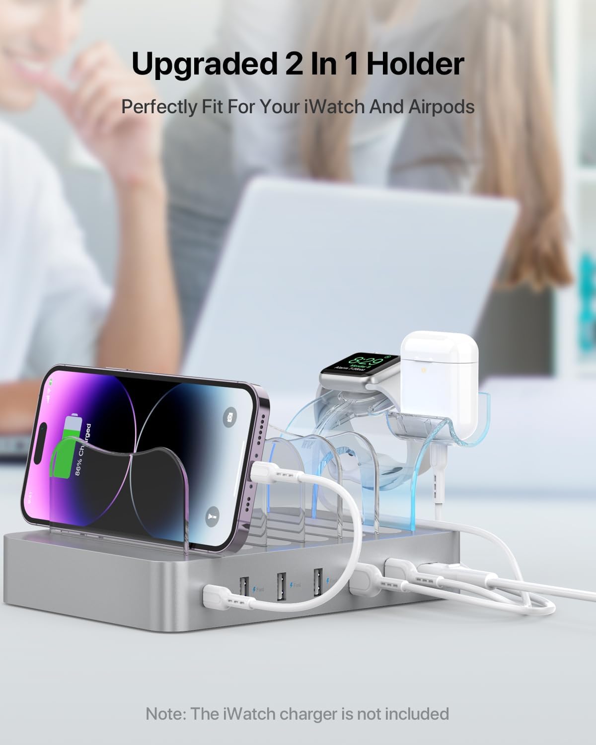 SooPii 60W 6-Port PD Charging Station for Multiple Devices, 20W PD USB C Fast Charging for lPhone 14/13/12,6 Short Cables Included, 2 in 1 Holder,for Phones,Tablets and Others