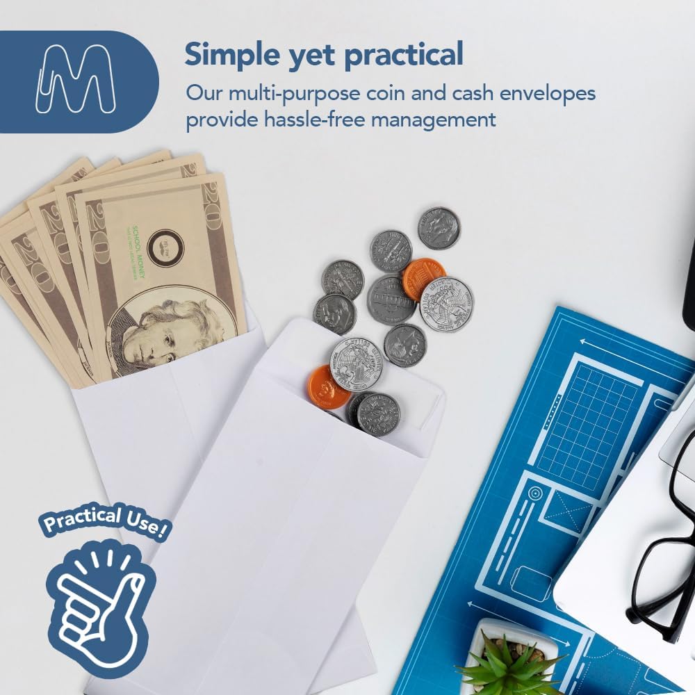MOS #7 White Coin Envelopes 3.5 x 6.5 Inch 550 Pack — Self-Seal Cash Envelopes for Budgeting, Money Savings Challenge, Seed Storage, Small Parts