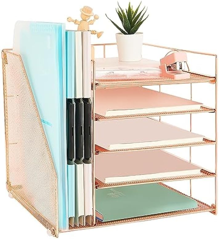 AUPSEN Desk Organizer with File Holder, 5 Trays Paper Letter Tray Organizer, Mesh Desk Organizers and Accessoriesand for Home Office (Rose Gold)