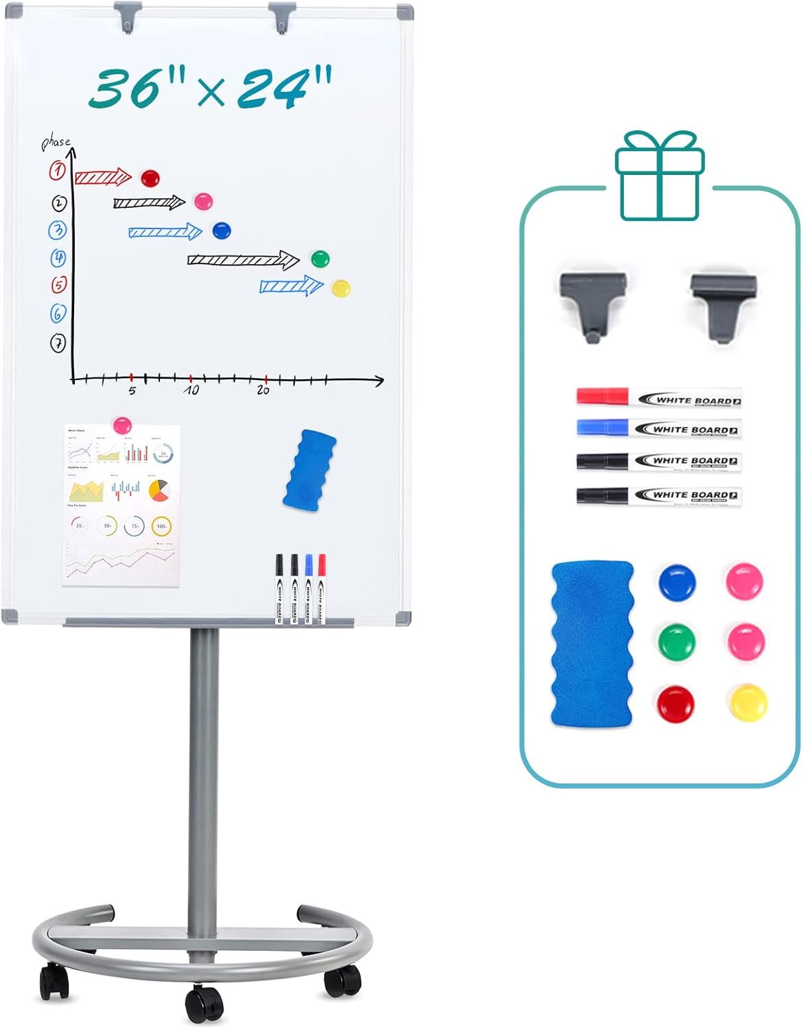 MAKELLO Rolling Whiteboard 3' x 2', Height Adjustable Dry Erase Board on Wheels, Mobile White Board for Office School Classroom Home Restaurant, Aluminum Frame, 36x24 in