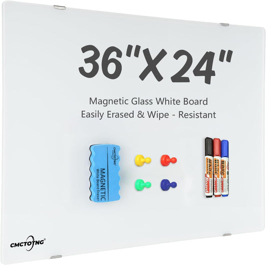 Wall-Mounted Magnetic Tempered Glass White Board Frameless Dry Erase Board Wall Mounted Ideal for Office Classroom School Kitchen and Home，Durable Whiteboard Frameless (36''x24'')