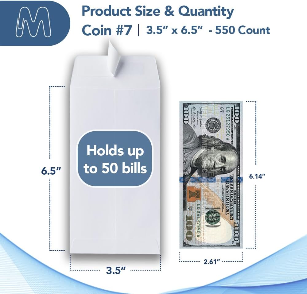 MOS #7 White Coin Envelopes 3.5 x 6.5 Inch 550 Pack — Self-Seal Cash Envelopes for Budgeting, Money Savings Challenge, Seed Storage, Small Parts