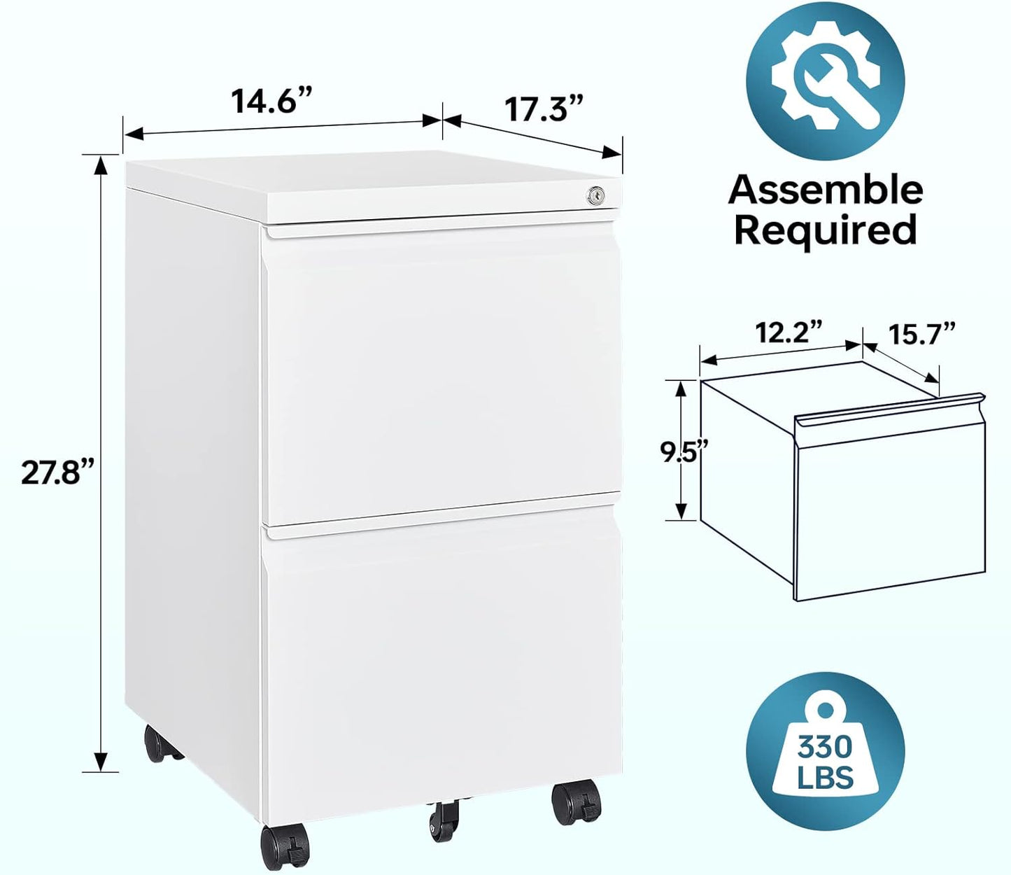 MIIIKO 2 Drawer File Cabinet with Lock, Home Office Filing Cabinets on Wheels, Under Desk 2 Drawers Storage for Legal/Letter/A4 Files,Fully Assembled