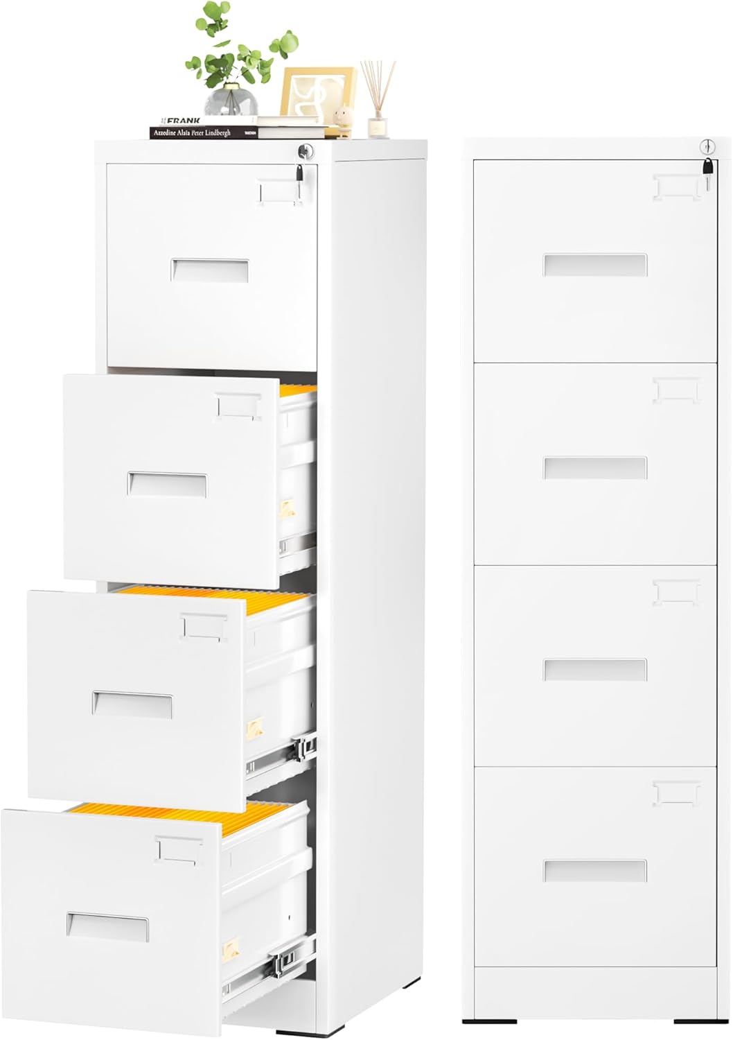 Crownland Lateral File Cabinet with 4 Drawers, 15" W Metal Lockable Office File Cabinets for Home Office- Stores Letter/Legal/A4/F4 Files(White)