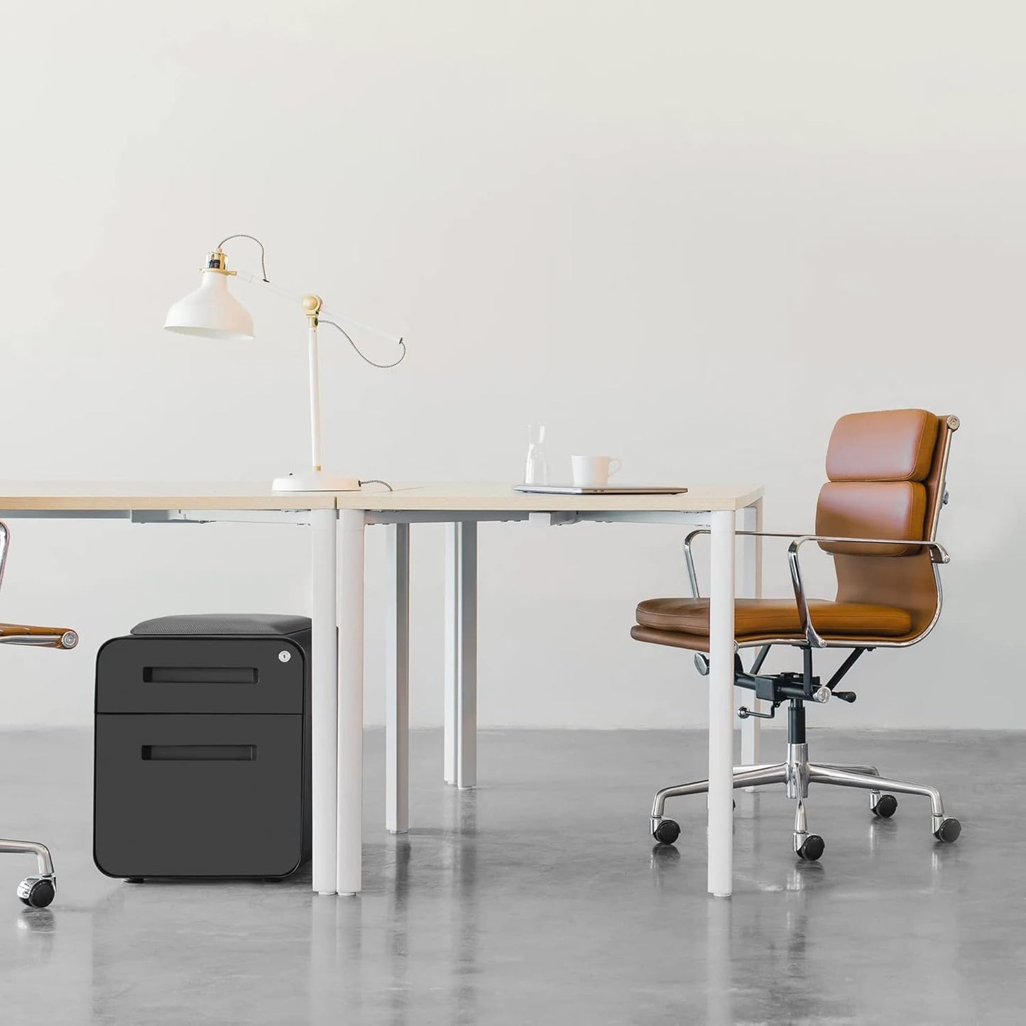 Laura Davidson Furniture STOCKPILE Mini Seated 2 Drawer Mobile File Cabinet with Removable Magnetic Cushion Seat - Short Version, Metal Filing Cabinet, Pre-Assembled, White with Grey Cushion