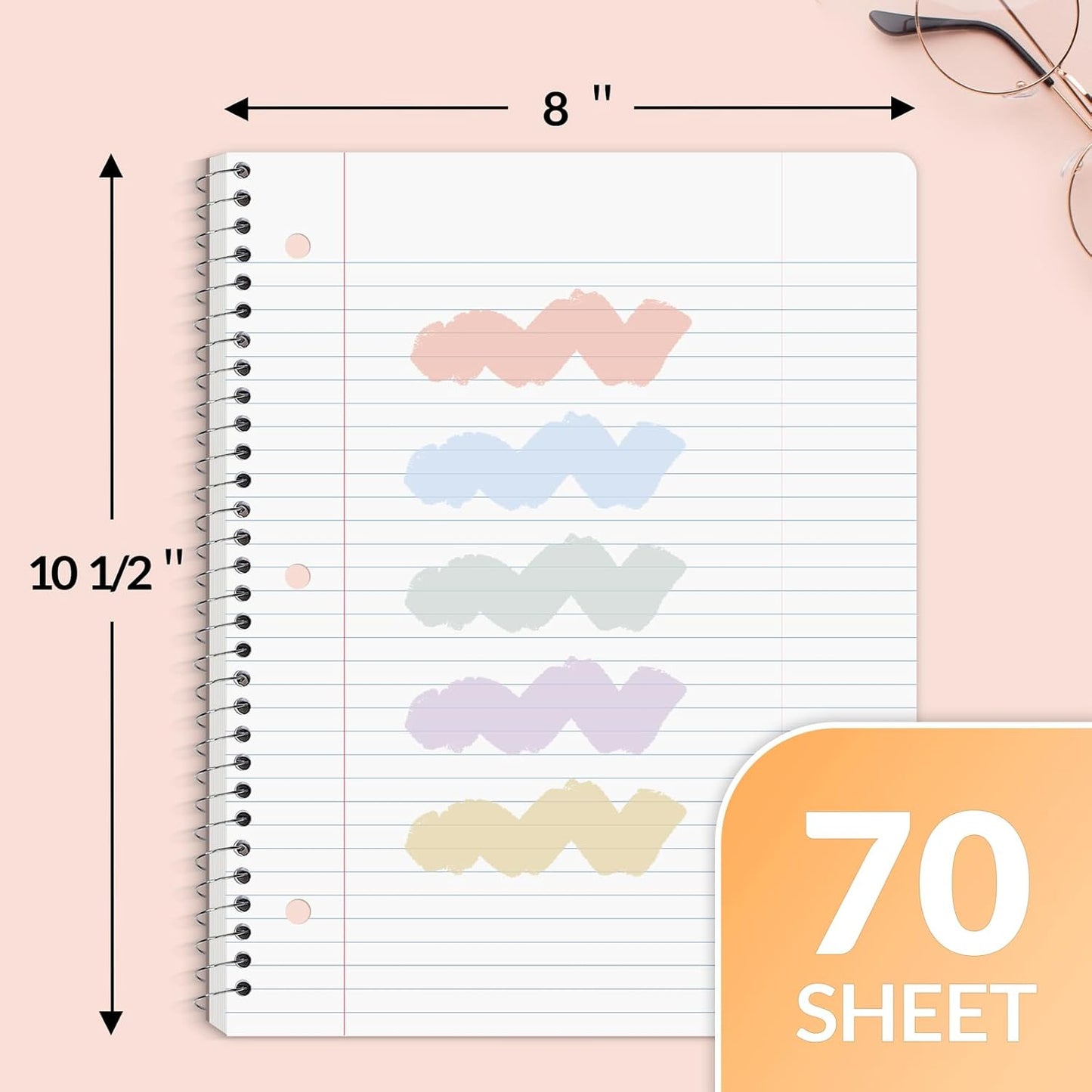 SUNEE Spiral Notebooks, 1-Subject, 20 Pack, College Ruled Paper, 8" x 10-1/2", 70 Sheets per Notebook,3-Hole Punched Paper, Pink,Purple, Blue, Green, Yellow Spiral Lined Notebooks for School,Work