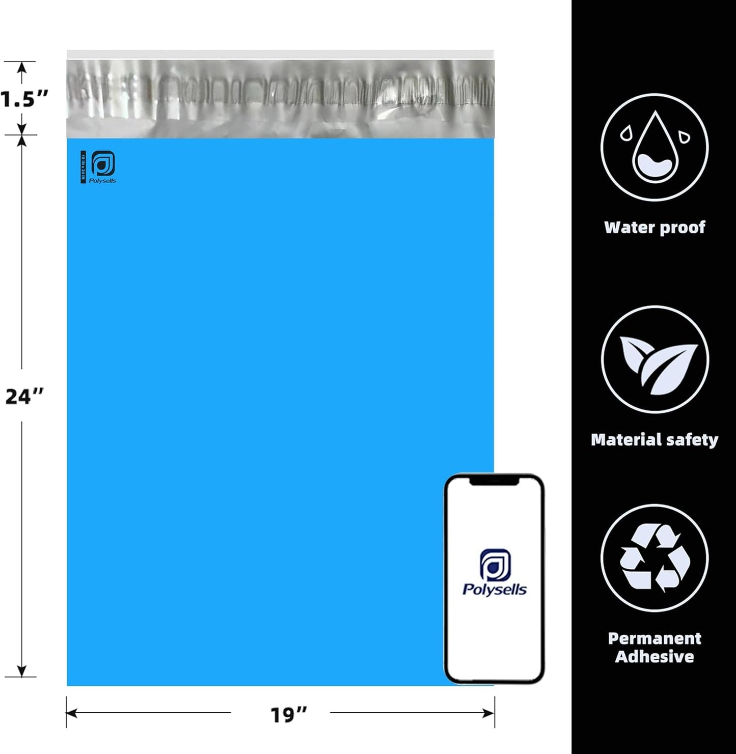 POLYSELLS 200 pcs 19x24 Inches Blue Poly Mailers Shipping Envelopes, Strong Adhesive Sealing, Waterproof, and Tear-resistant Postal Mailing Bags for Clothing, Books, and Accessories