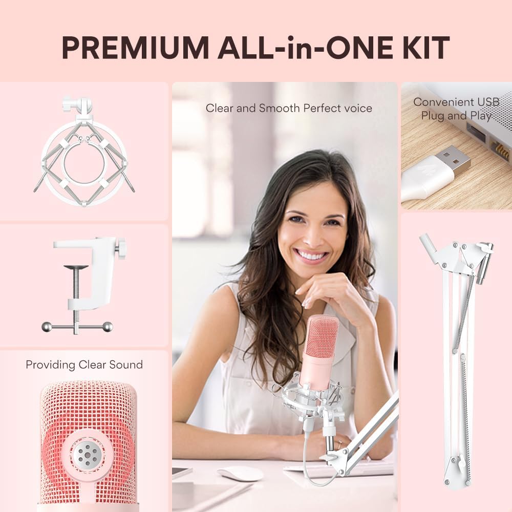 MAONO USB Microphone, 192kHz/24bit Plug & Play PC Computer Podcast Condenser Cardioid Metal Mic Kit with Professional Sound Chipset for Recording, Gaming, Singing, YouTube, AU-A04 Pink