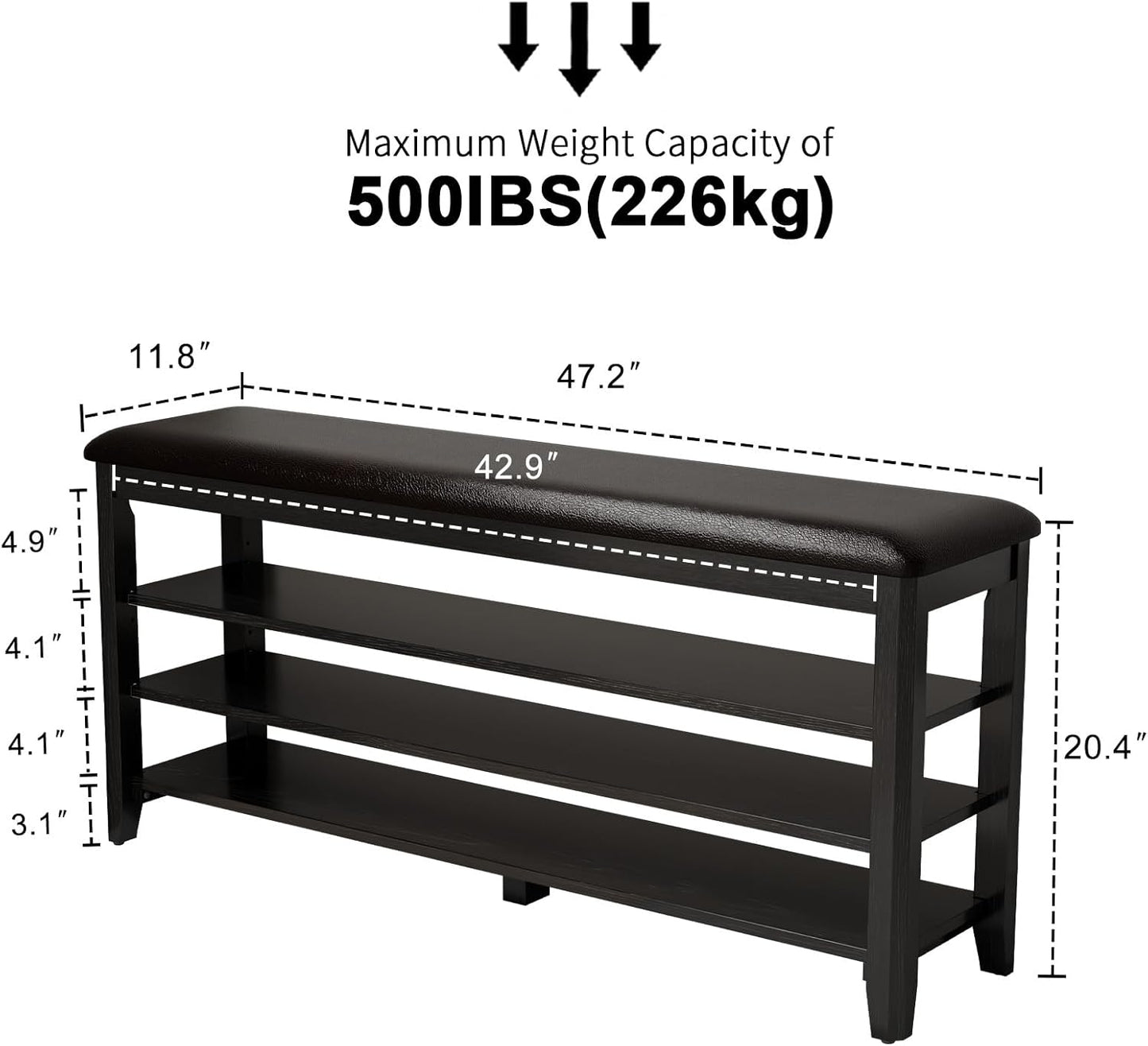 Shoe Bench with Leather Cushion, 3 Tiers Shoe Storage Bench Height Adjustable, Walnut Wood Entryway Bench for Hallway, Mudroom