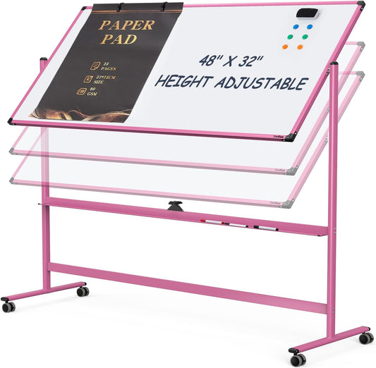 Rolling Whiteboard, 48x32 Inches Dry Erase Board with Stand, Large Mobile Whiteboard on Wheels, Standing White Board for Office, School, Home, Magnetic Double Sided White Board with Paper Pad