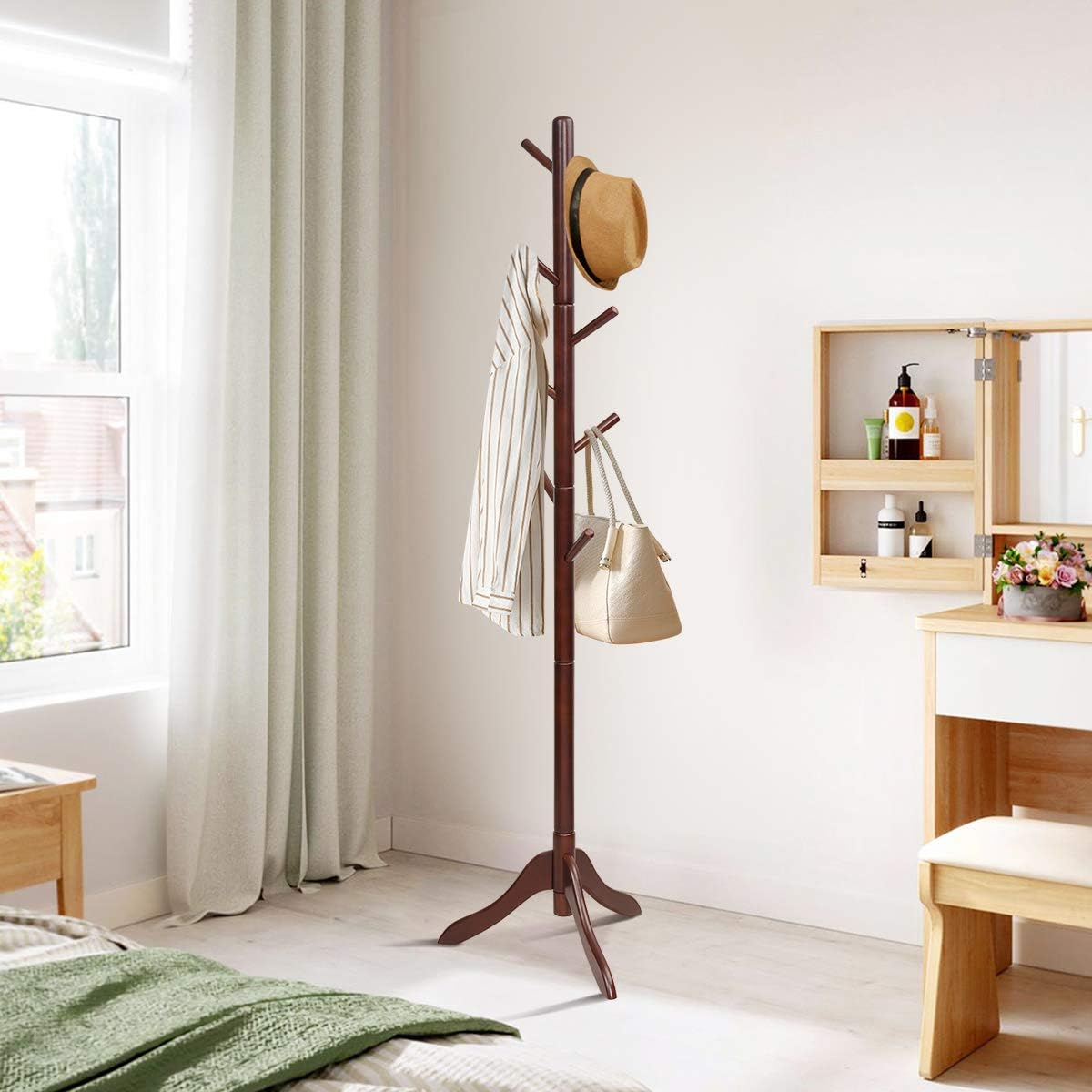 Tangkula Wooden Tree Coat Rack Freestanding, Entryway Coat Stand with 8 Hooks, Height Adjustable Coat Tree, Rubber Wood Coat Hanger Stand for Home Office Hall Entryway