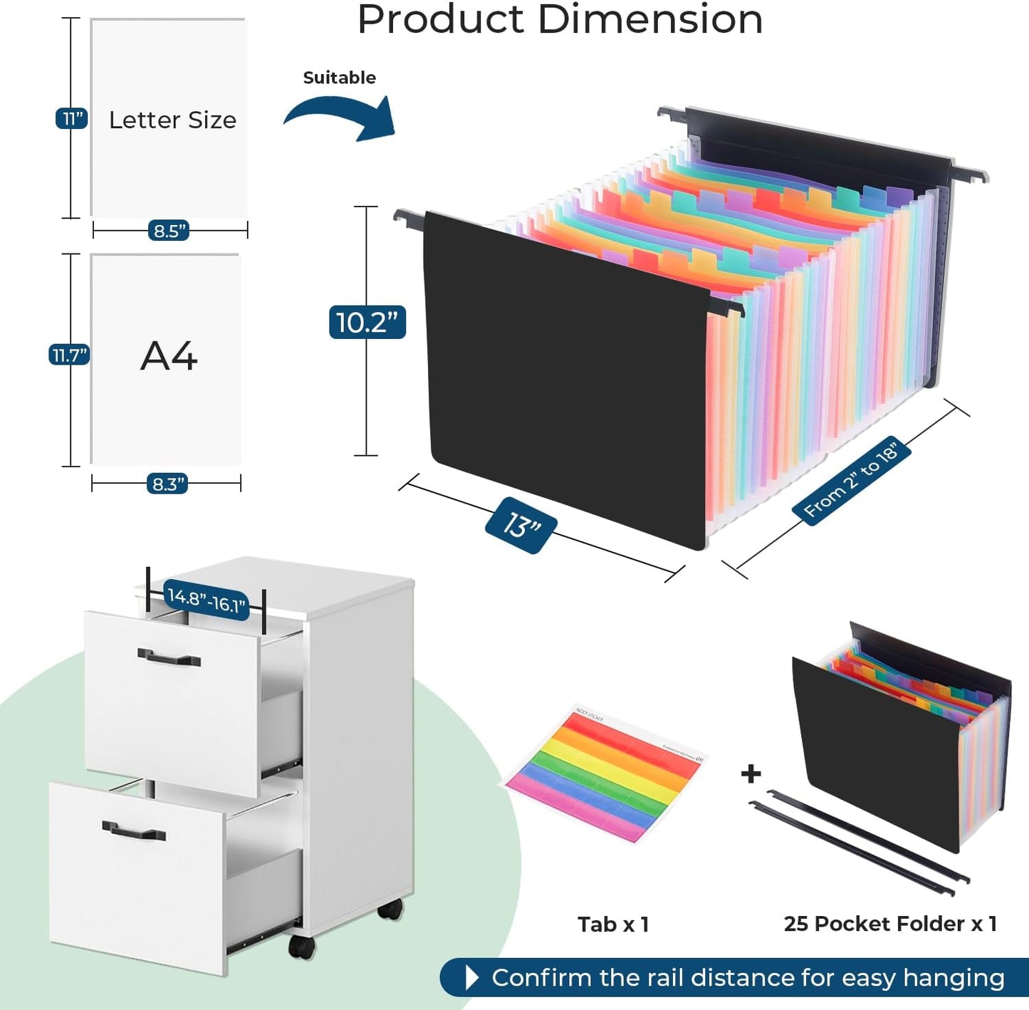 Y YOMA Legal Size - Plastic Expanding Hanging File Folders with 25 Accordion Pockets | Hook Removable Waterproof Extra Capacity for Bulky Files in School Home Office, 1 Pack