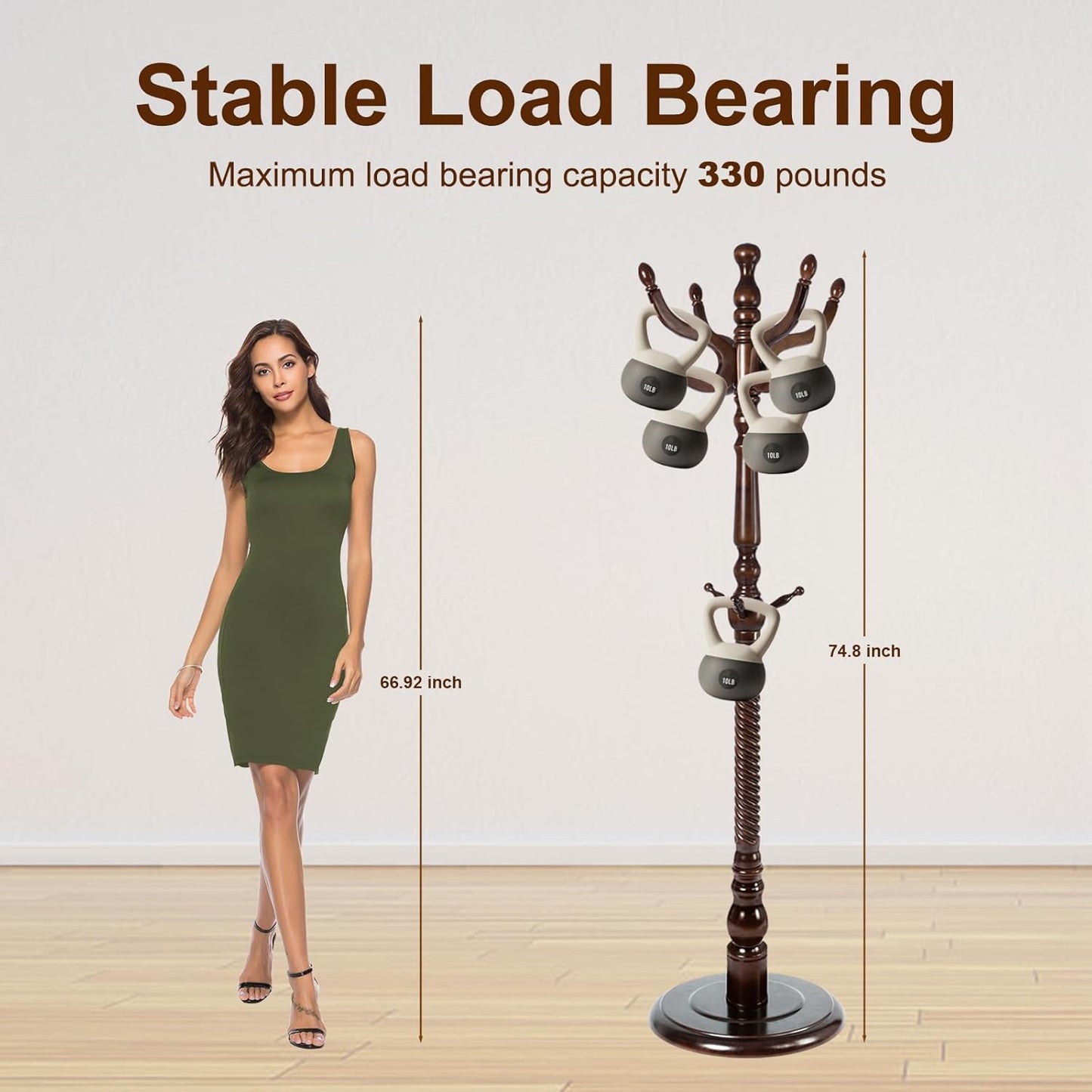 Solid Wood Coat Stand, Freestanding with Stable Base, 70" Birch Coat Tree Organizer for Home, Bedroom, Office, Hallway & Entryway with 11 Hooks