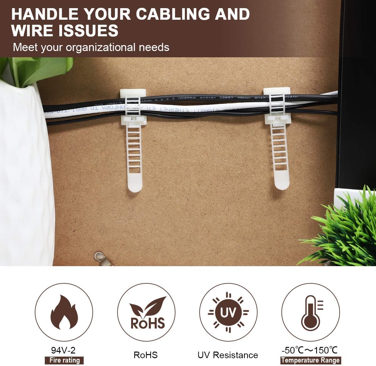 Adhesive Cable Management Clips, 100Pcs Adjustable Nylon Cable Strap Ties Wire Clips Clamps Organizer with Strong Adhesive Tape, Extra Screw & Hole for Strong Fixation Home Office - 3.55 Inch White