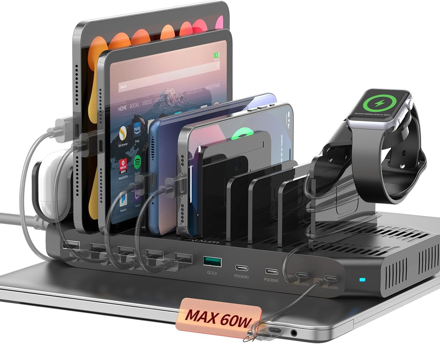 Alxum 140W USB C Charging Station -10 Port Fast Charging Station with QC 3.0 & 4 * USB C PD 60W+45W+30W, Multi Device Charger Organizer Compatible with Laptop, iPad, Tablet, Cell Phone and More