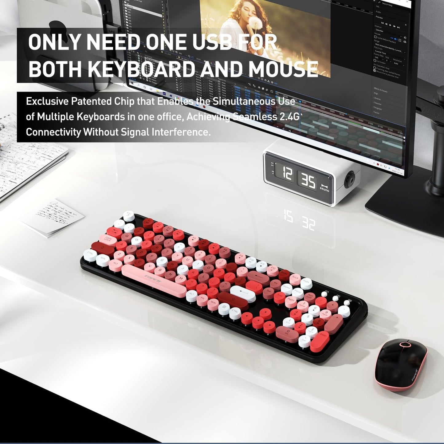 FOPETT Wireless Keyboard and Mouse Combo, 105 Keys Full-Sized 2.4 GHz Round Keycap Colorful Keyboards, USB Receiver Plug and Play, for Windows, Mac, PC, Laptop, Desktop (Blackcolorful)