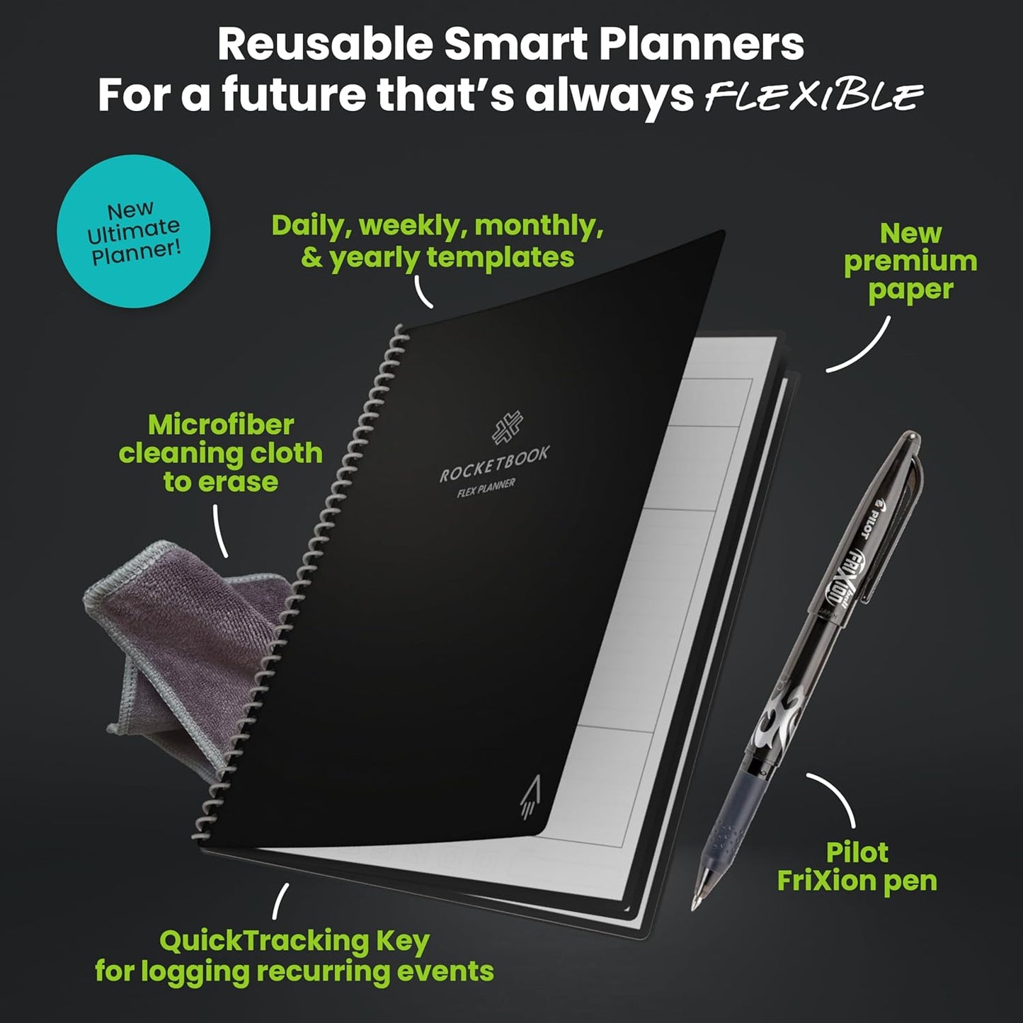Rocketbook Flex Planner, Reusable Undated Smart, Executive Size 6x8.8 in Black – Daily, Weekly, Monthly, Annual Calendar, Tasks, Goals, Scheduling, Productivity, App Connected, Erasable, Durable Cover