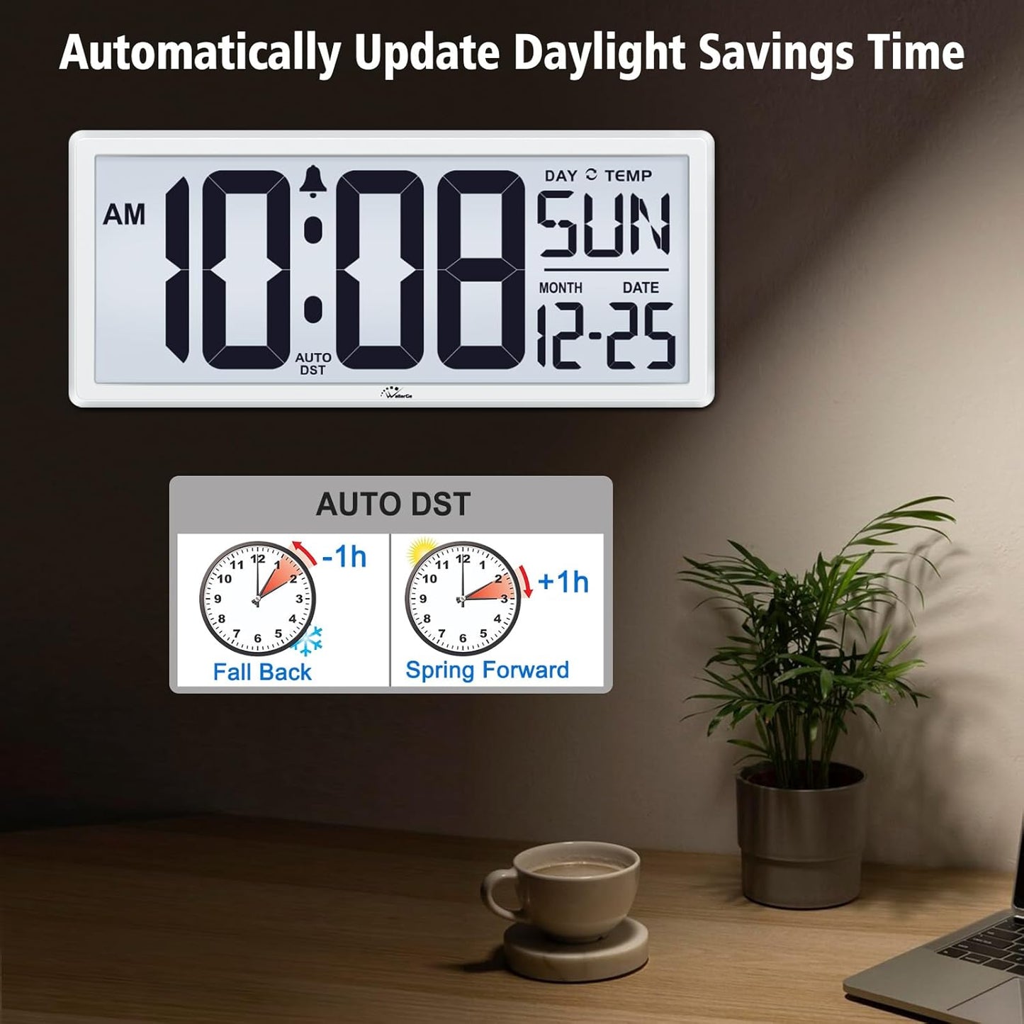 WallarGe Backlight Digital Wall Clock Battery Operated - with Temperature and Date 14.5'' Large Digital Wall Clock, Easy to Read and Set, Auto DST
