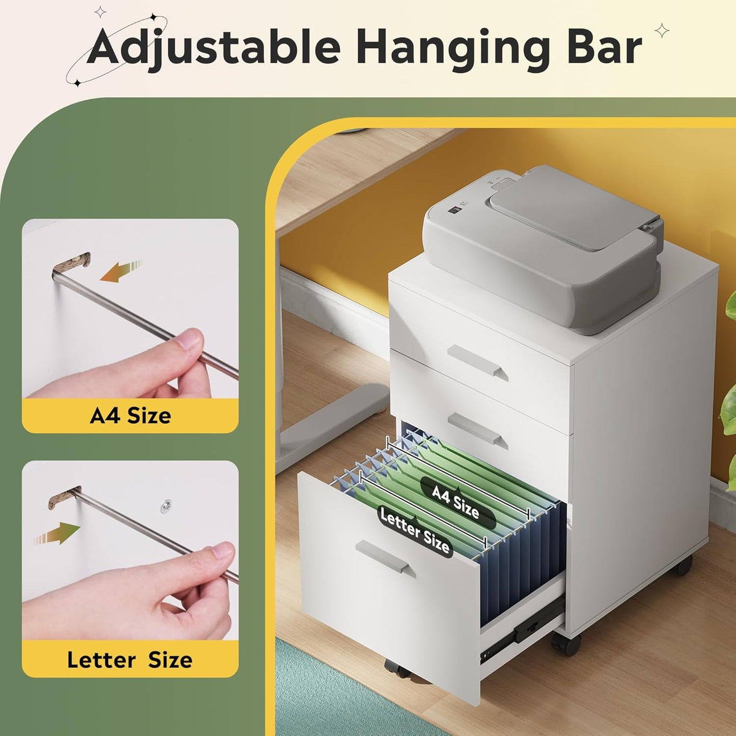 DEVAISE 3 Drawer Wood Mobile File Cabinet, Rolling Filing Cabinet for Letter/A4 Size, White