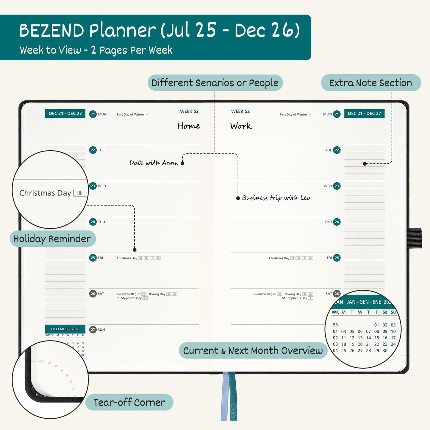 BEZEND Weekly Planner 2025-2026 with 2 Columns, 8.5" x 11" Academic Calendar 18 Months (Jul 25-Dec 26) Life Work Appointment Book with Monthly Tab, PU Leather Hardcover - Fruit Green