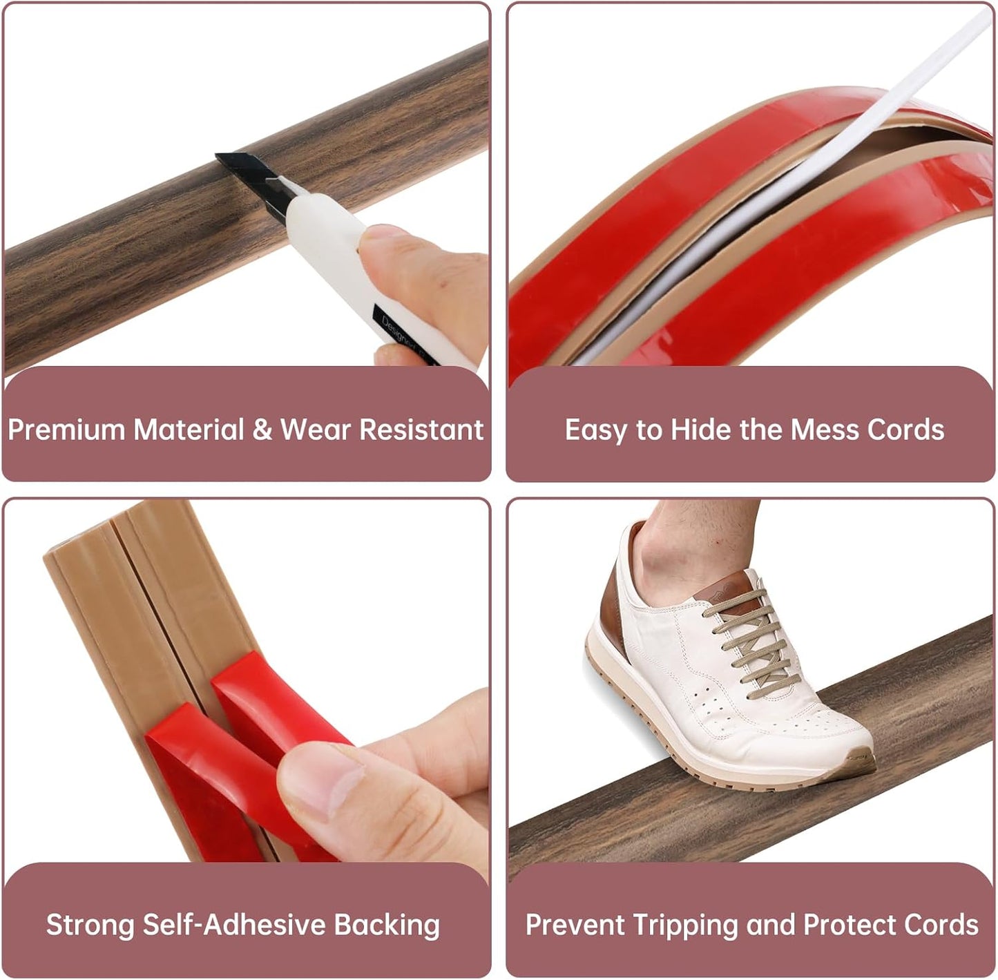 Floor Cord Cover Self Adhesive Cord Hider Floor Extension Cord Covers for Floor Power Cord Protector Cable Management Prevent Cable Trips Cable Cavity 0.47" W x 0.27" H (Smoked Brown Wood, 10Ft)