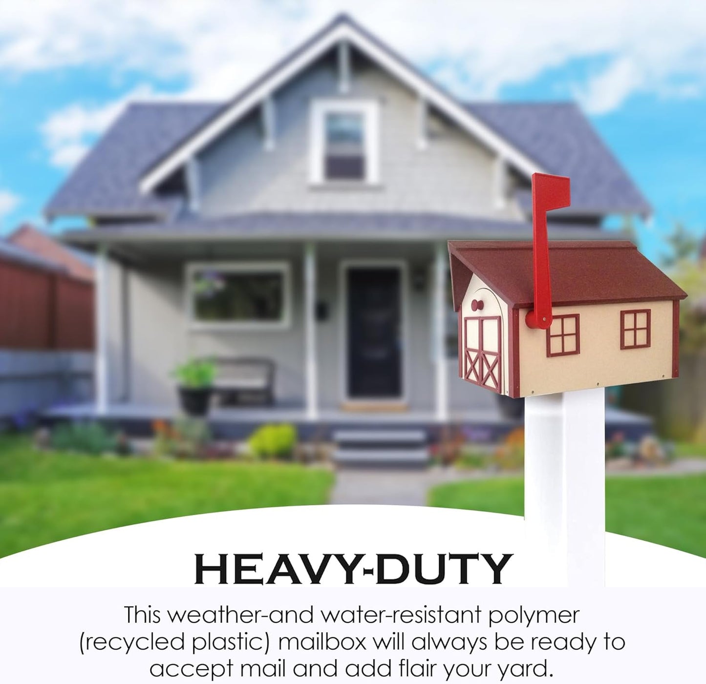 Peaceful Classics Poly Mailbox Durable, Weather-Resistant Amish Craftsman Mailboxes for Outside Uses Like Front Yard and Road Side Long-Lasting, Decorative, Modern Mailbox (Beige w/Red Trim and Roof)