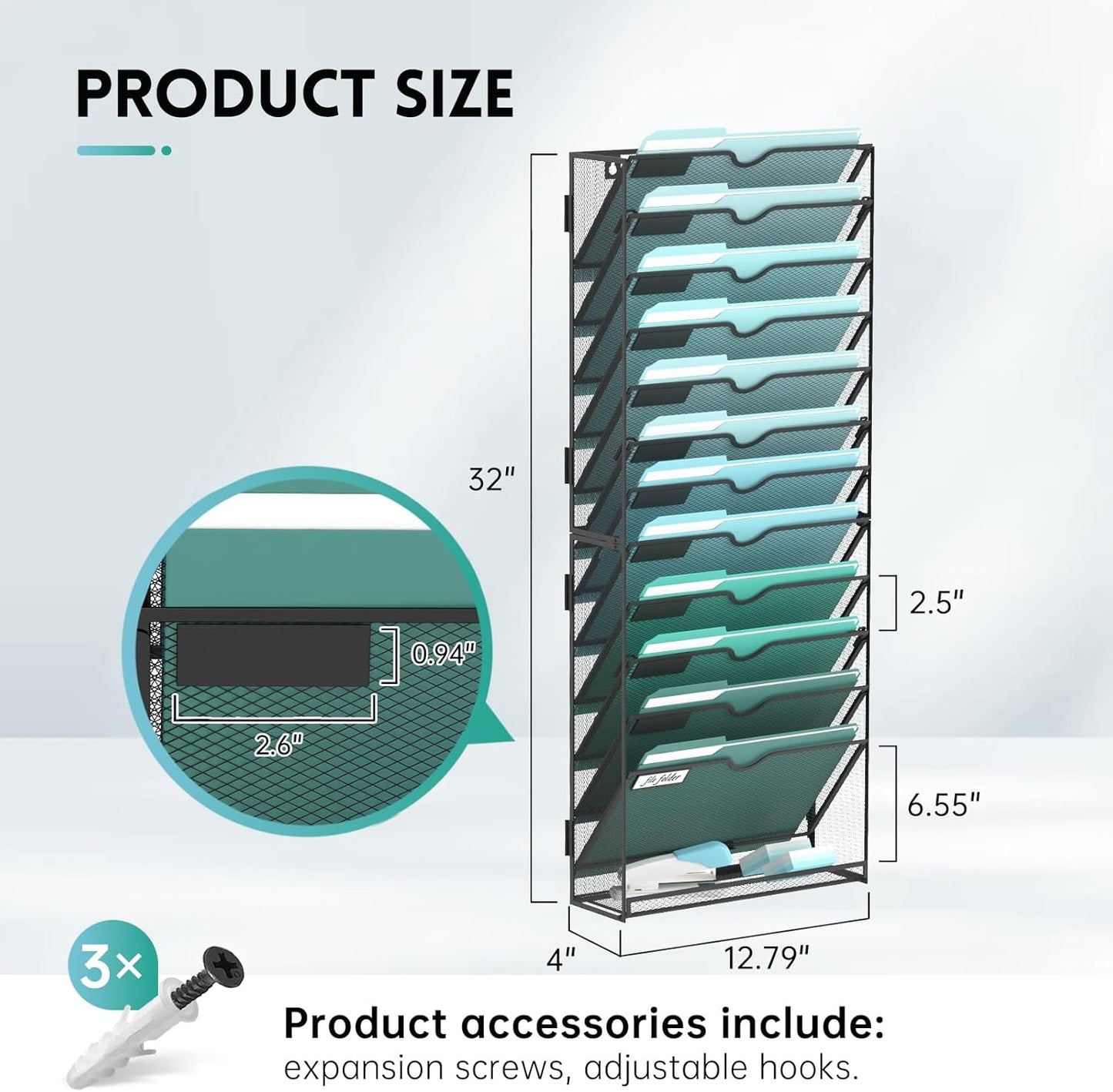 SUPEASY 13-Tier Wall File Organizer, Hanging Wall Files for Papers, Folders, Magazines, Wall Organizer for Clipboard, Assembly Needed, Black