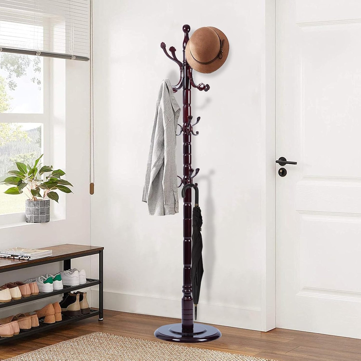 Wooden Coat Rack Freestanding, Vintage Coat Racks with Sturdy Round Base, Adjustable Height 37.40"-72.83" Entrance Coat Rack for Bedroom Living Room Entryway (Rosewood Ruyi Hook)