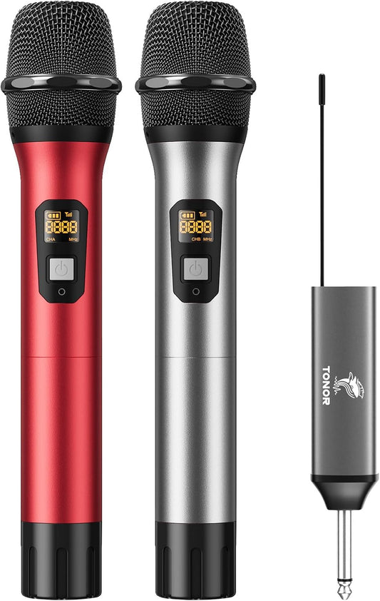 TONOR Wireless Microphones, Cordless Mic with Rechargeable Receiver, 200ft Range UHF Handheld Dynamic Microfonos Inalambricos Professional for Karaoke Singing Party Wedding Church TW630 Silver&Red