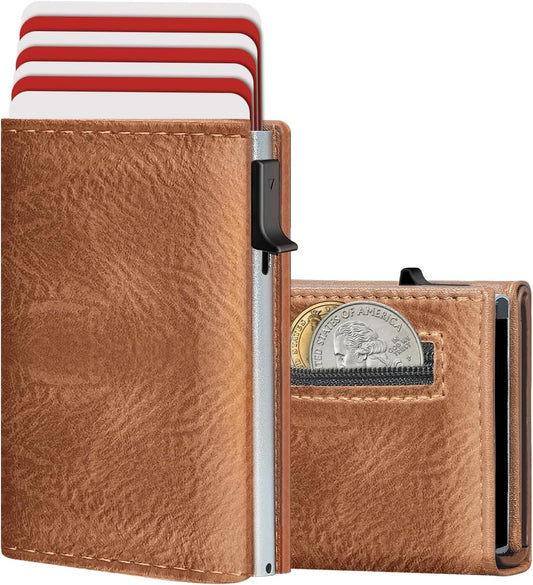 Wallet for Men with RFID Blocking, Minimalist Smart Credit Card Holder with Pop-Up Mechanism, Holds 12-14 Cards, Slim Wallet Includes Coin Pocket & Cash Slot, Genuine Leather, Gift for Men, Brown