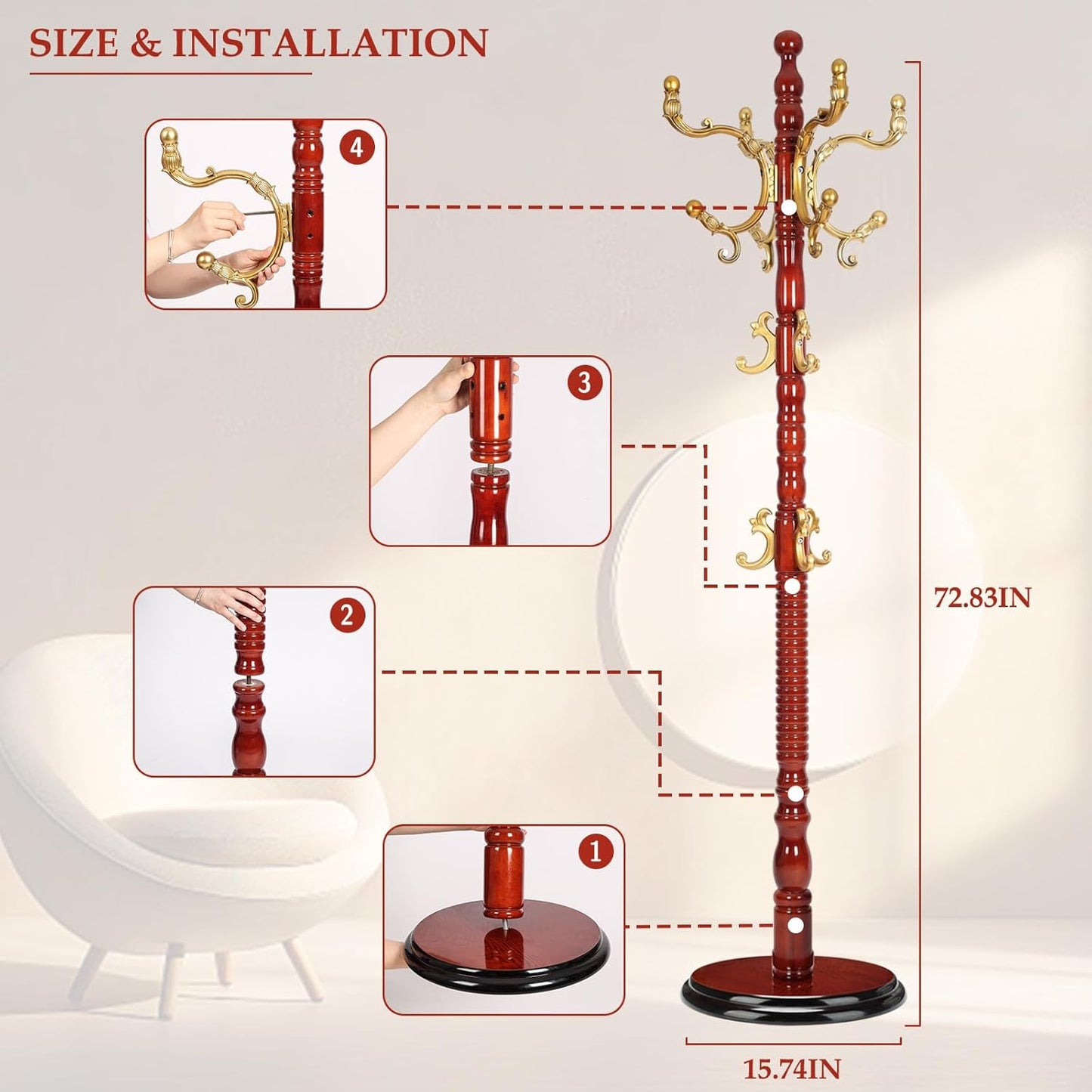 Wood Coat Rack Freestanding, Natural Coats Tree Stand with 14 Hooks, 73" Sturdy and Easy Assembly Coat Rack Stand for Entryway, Hallway, Bedroom, Bags, Hats (Heavy-duty Disc Base, Golden)