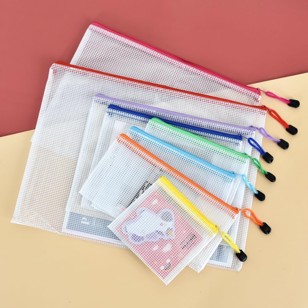 Vuzvuv 34pcs Mesh Zipper Pouch Set ，8 Sizes Plastic Document Pouch with Label Stickers,8 Colors Waterproof Document Mesh Bags for File, Makeup, Board Game School Office Home Travel Storage