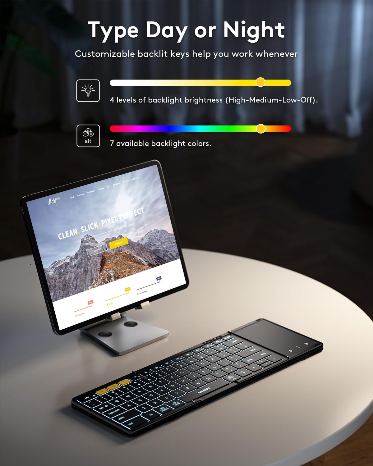 Samsers Foldable Bluetooth Keyboard with Touchpad, Full-Size Wireless Folding Keyboards with Backlight, Portable Travel for iOS Android Windows Mac OS, Support 3 Device(BT5.1 x 3), Black