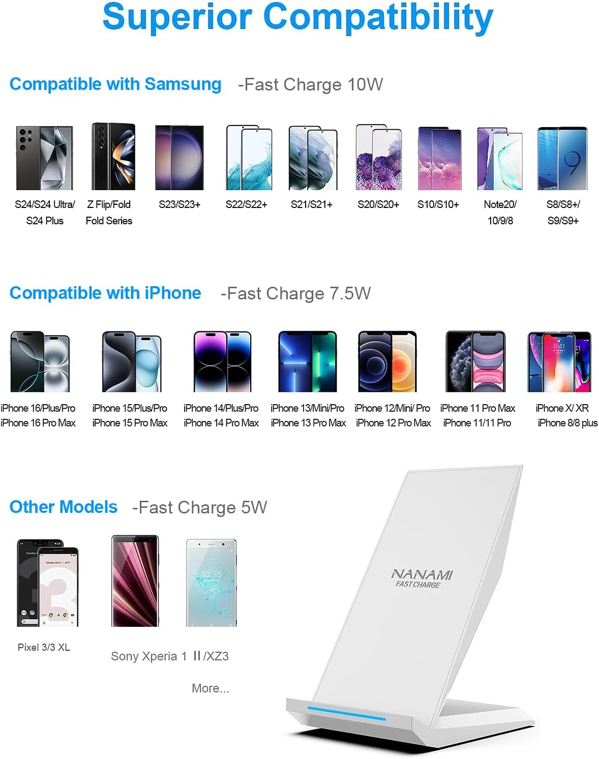 NANAMI Fast Wireless Charger - Qi Certified Charging Stand 7.5W Compatible iPhone 17/17 Pro/17 Pro Max/16/15/14/13/12, 10W for Samsung Galaxy S25/S24/S24 Ultra//S23/S22/21/S20 and Qi-Enabled Phones