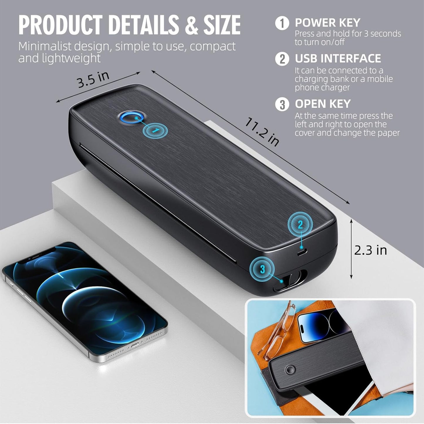 Portable Printer Wireless for Travel，Bluetooth Thermal Support 8.5inches X 11inches US Letter &Legal, A4&A5 Thermal Paper, Inkless Compatible with iOS, Android & Laptop for Office Car Home