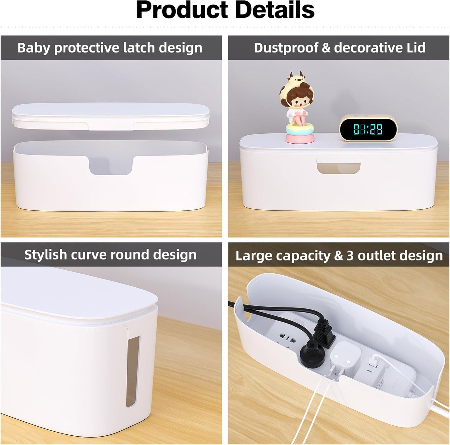 Cable Management Box - Large Cord Organizer Box to Hide Power Strip & Under Desk, TV Computer Wires Cable Organizer Box with Baby Proofs, Desk Cord Organizer for Home/Office - White