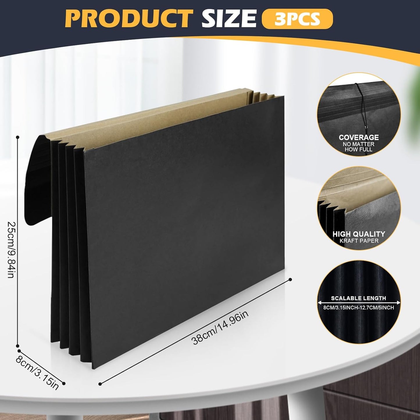 3 Pcs Accordion File Wallet Expanding File Folder with Flap and Cord Closure, 4 Inch Expansion, Letter Size Accordion Files Organizer, 10 x 15 Inches, Black
