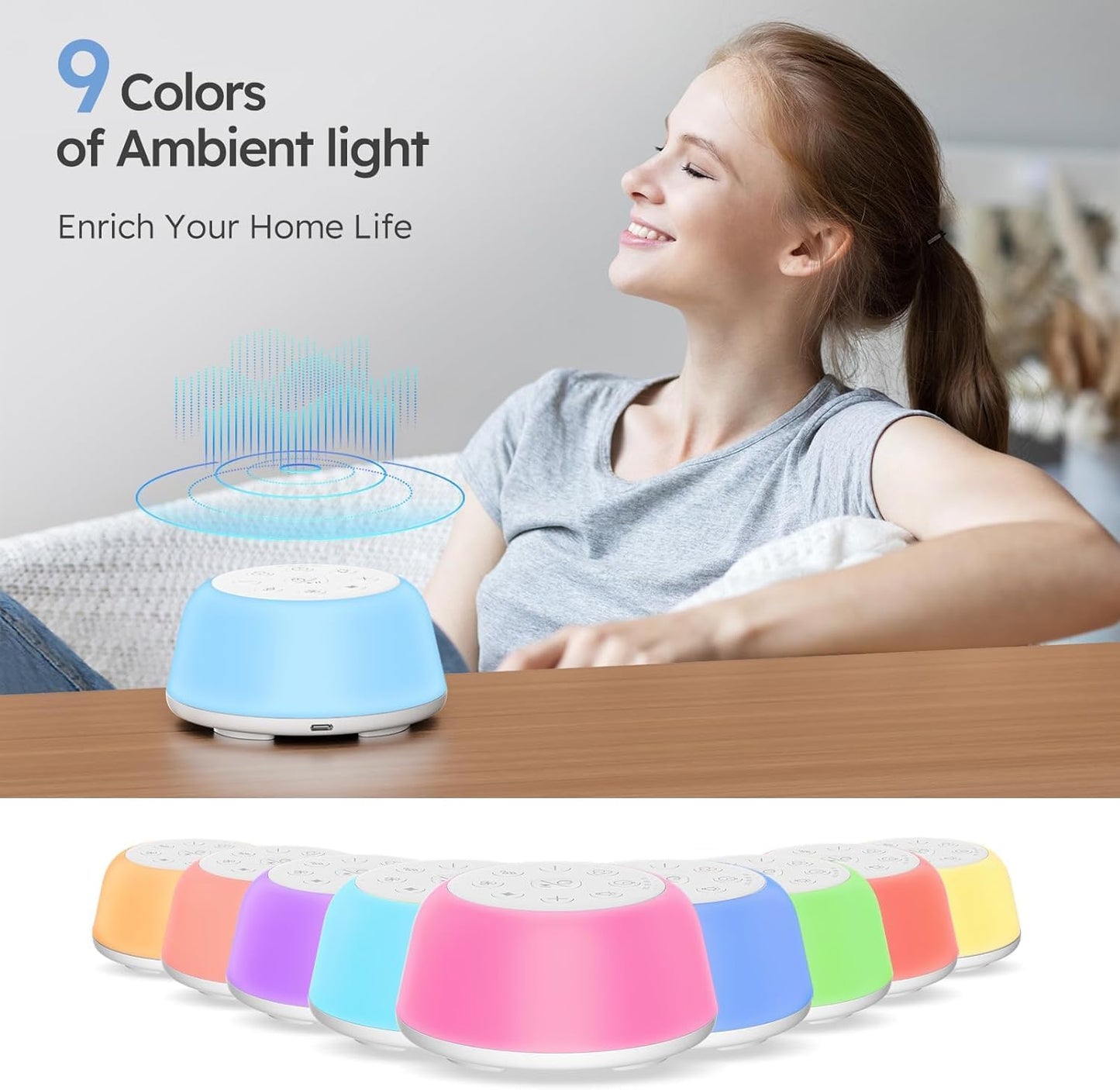 Rechargeable White Noise Machine with 9 Colors Night Light, Portable Sound Machine for Baby Adult Sleeping with 26 Soothing Sounds/4 Levels Brightness/5 Timers/32 Levels Volume for Home, Travel, Gift