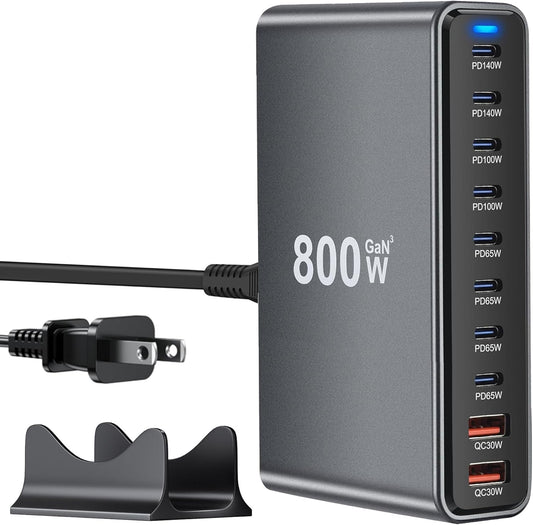 USB C Charger Station 800W GaN USB C Charging Block, 10-Port Fast Charger Hub with Multiple Power Outputs, Compatible with Laptop, MacBook, iPad, iPhone 16/17/15/14/13/Pro Max, Samsung Galaxy S24 S23