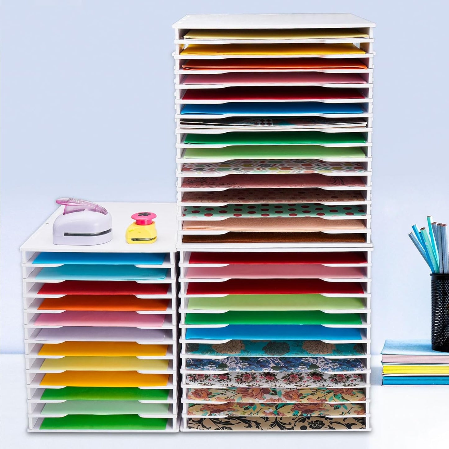 SANFURNEY Scrapbook Paper Organizer for Sizes 12" x 12", 15 Slots File Sorter Storage, Document Holder, Desktop Scrapbook Paper Organizer Rack for Home Office School (White, 15 Slots - Large Size)