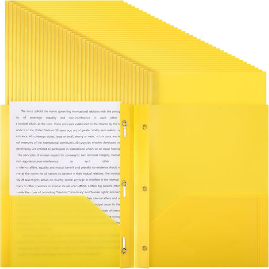 Patelai 48 Pcs Plastic Folders with 2 Pockets and 3 Prongs Home Folders with Card Slot Letter Size Heavy Duty Report Covers for Back to School(Yellow,Classic)