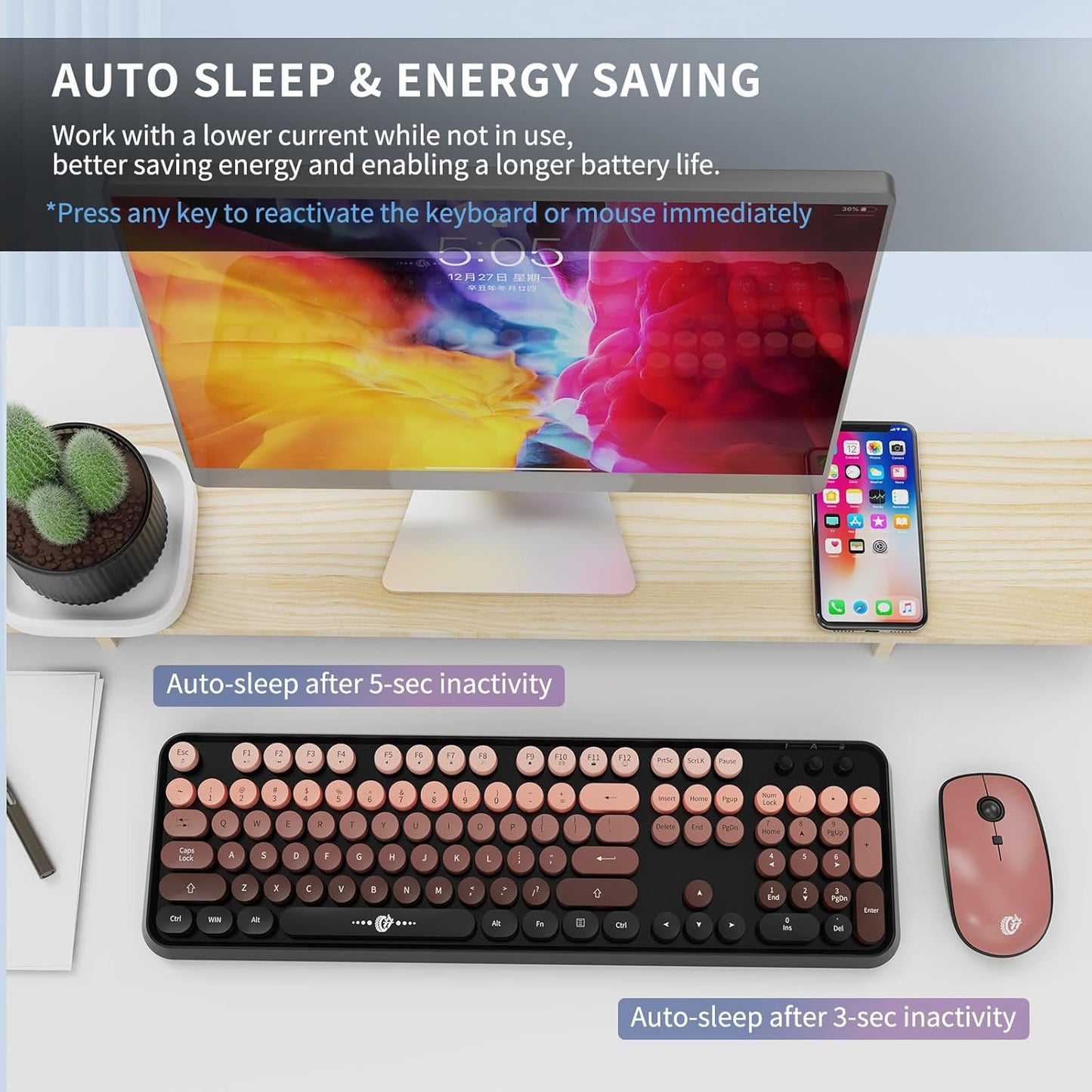 FOPETT Wireless Keyboard and Mouse Combo - 2.4G Full-Sized Cute Colorful Mouse and Keyboard with 104 Round Keys Retro Typewriter Keyboard for Laptop/Windows/PC - Pink Gradient