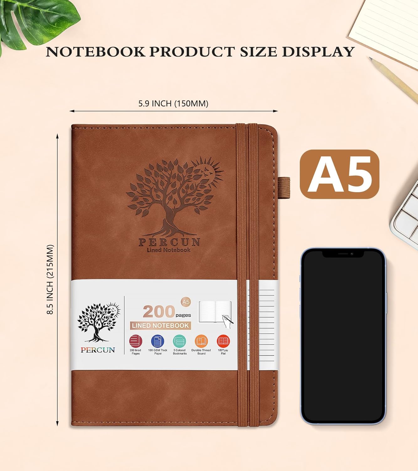 Lined Journal Notebook for Men & Women,200 Pages A5 Hardcover Leather Notebook (5.9"x8.5"), Travel Journal for Work, School, Business Writing, Note Taking, Notepad Diary (Brown)