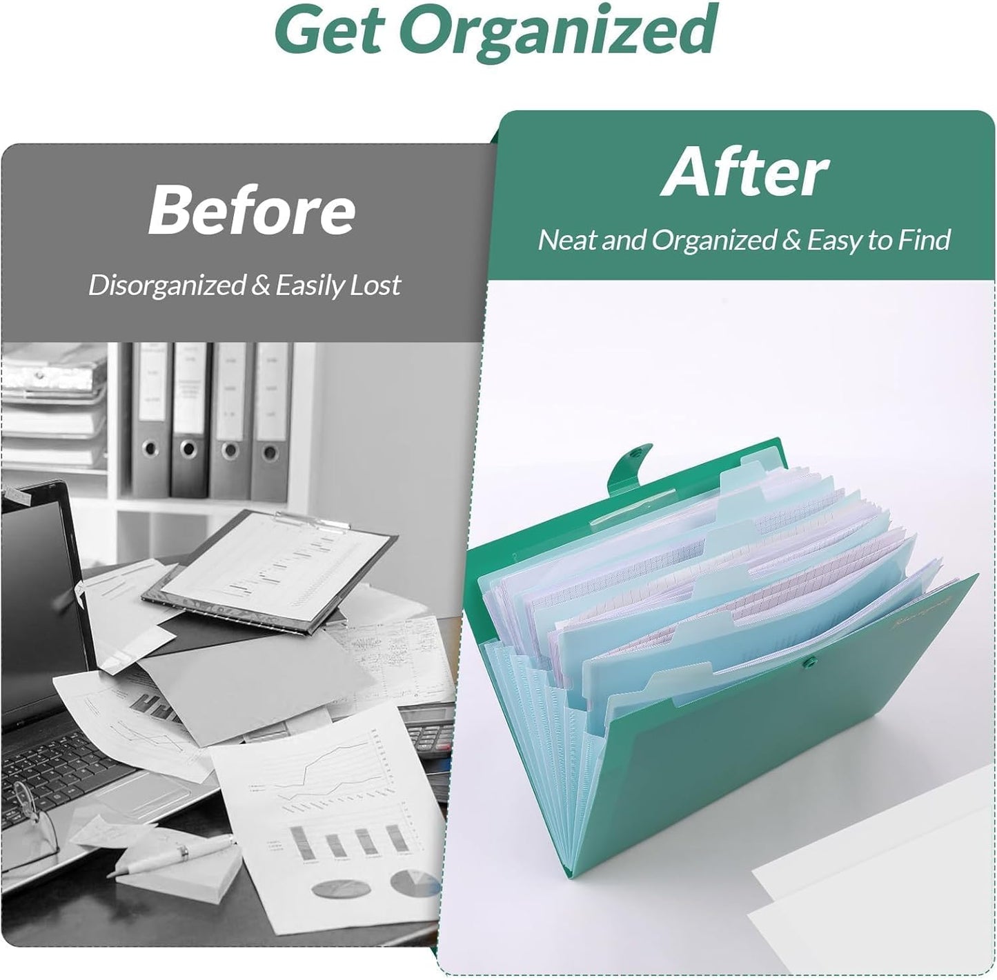 SKYDUE Expanding File Folder, Accordion File Organizer with 8 Pocket & Inner Card Pocket, Expandable Document Paper Receipt Holder for School Office Hospital, Letter/A4 Size Green