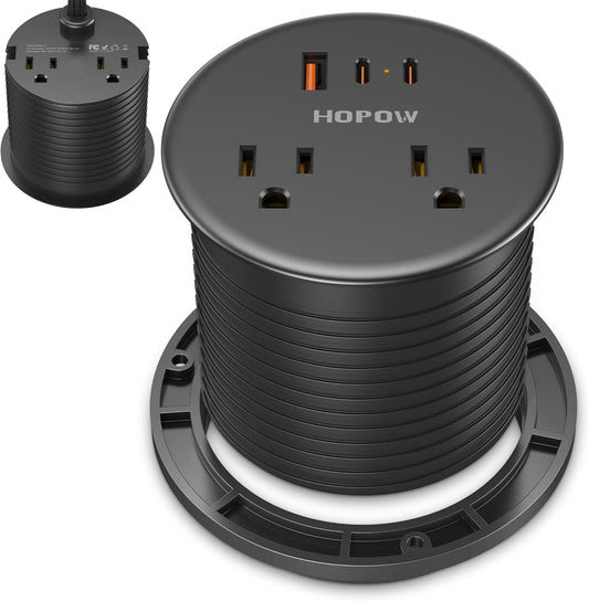 Recessed Desk Power Grommet with 4 AC Outlets 3 USB Ports (2USB C), Dual-Sided Flush Mount Outlet Charging Station for Desktop, Conference Room, Furniture Table, 6.5 FT Cord, Black