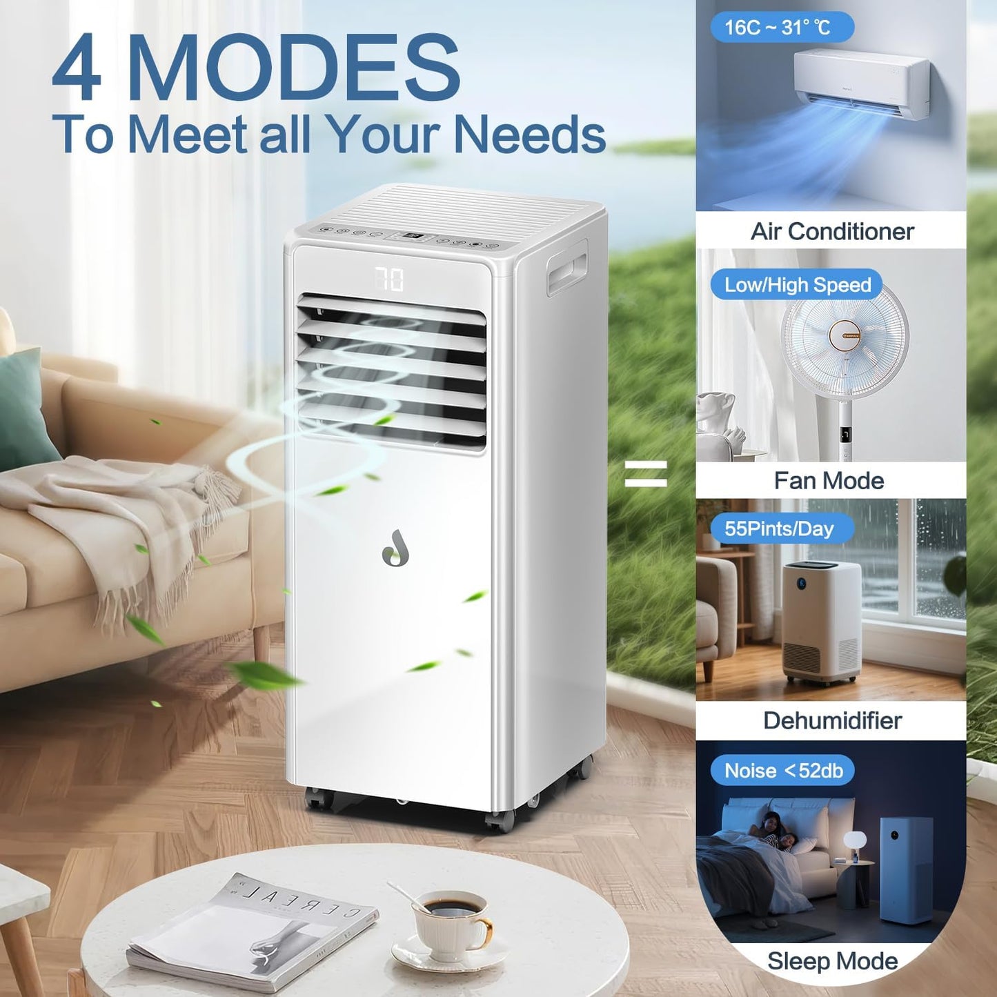 10,000 BTU Portable Air Conditioners for Rooms Up to 450 Sq.Ft,4-in-1 Cooling & Dehumidifier Air Conditioning Unit with Remote,Smart AC Unit with Installation Kit for Home/Office
